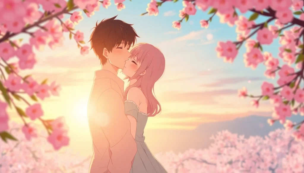 Couple showcasing anime sex scene amidst cherry blossoms, conveying romance and intimacy.